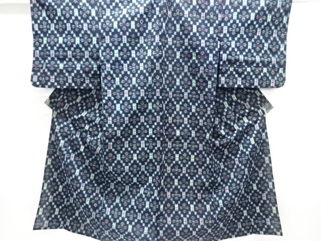 JAPANESE KIMONO / ANTIQUE HITOE KIMONO / COTTON / BINGO KASURI / DIAGONAL GRID & FLOWERS